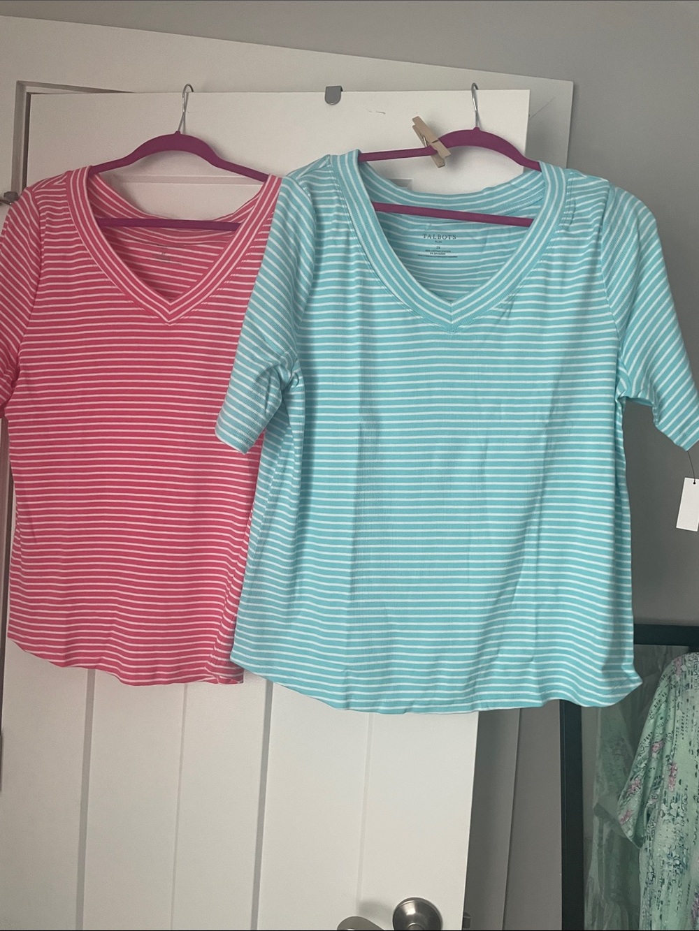 Talbots  women’s Striped V-Neck Tees - Coral Pink & Aqua-2 for one price of $23